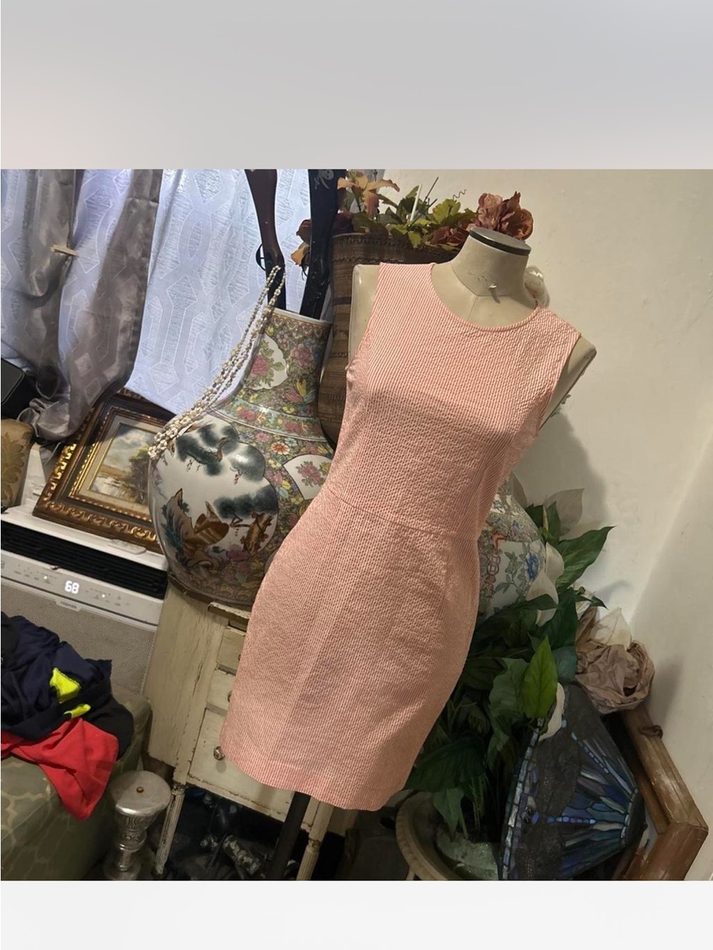 Theory Coral and White Narrow-Striped dress